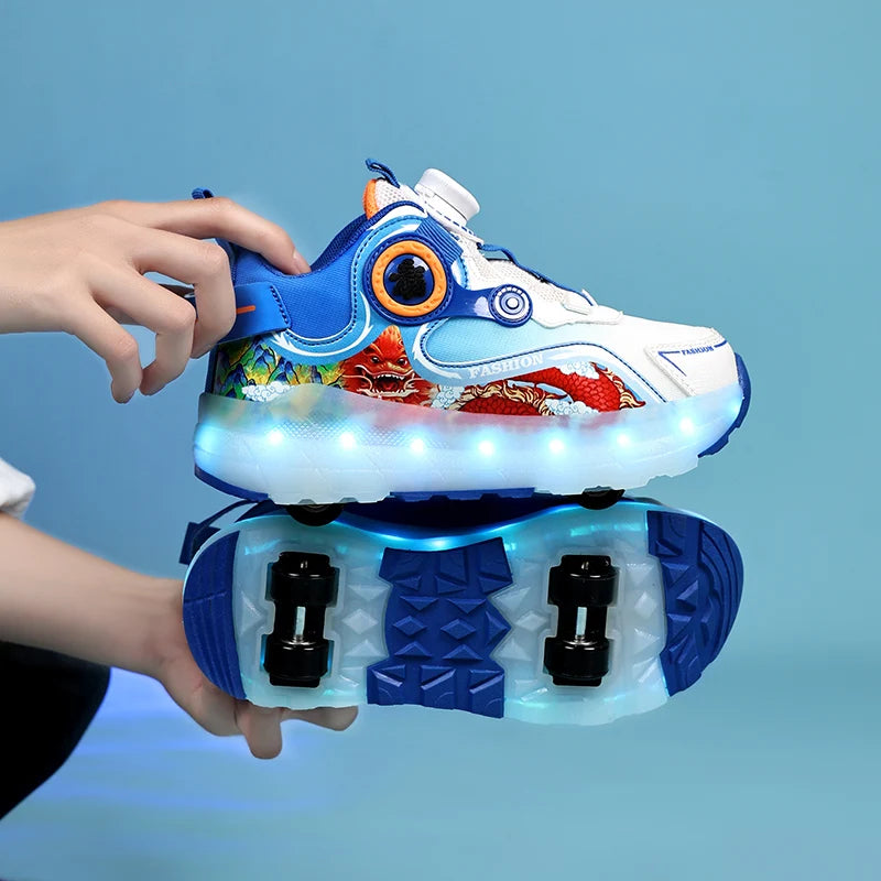 Children Four Wheels Luminous Glowing Sneakers Black Pink Led Light Roller Skate Shoes Kids Led Shoes Boys Girls USB Charging SHOWLU FASHION STORE
