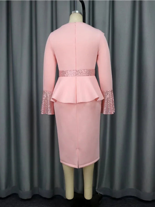 Church Dresses for Women Elegant Ruffles Long Flare Sleeves Sequined Party Bodycon Peplum Classy Occasion African Wedding Guest SHOWLU FASHION STORE