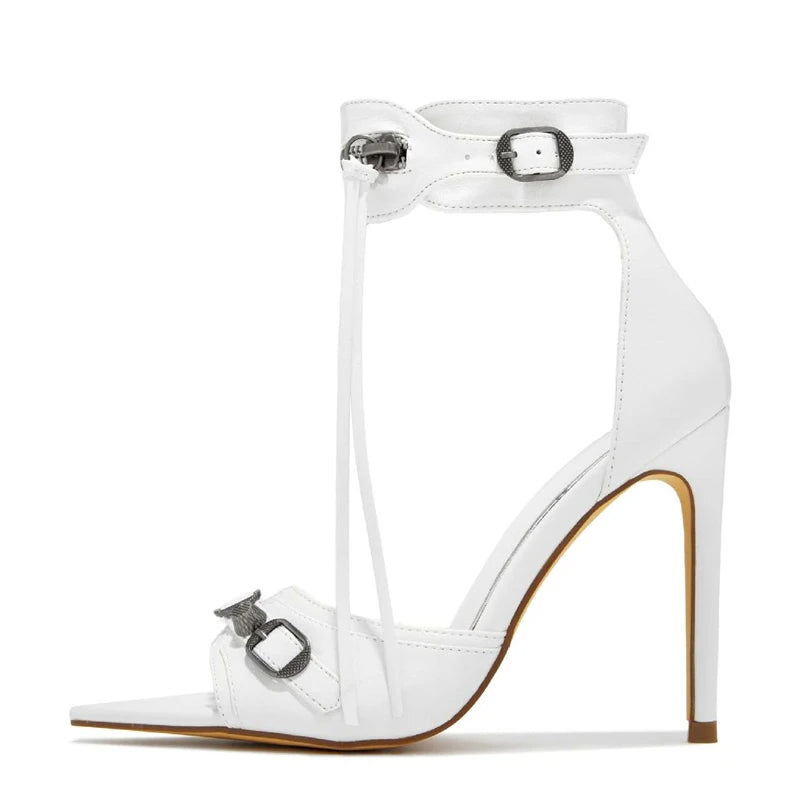Liyke Summer Fashion Zip Tassel Women Sandals Metal Rivet Buckle Pointed Open Toe Stripper Heels Wedding Banquet Shoes Stiletto SHOWLU FASHION STORE