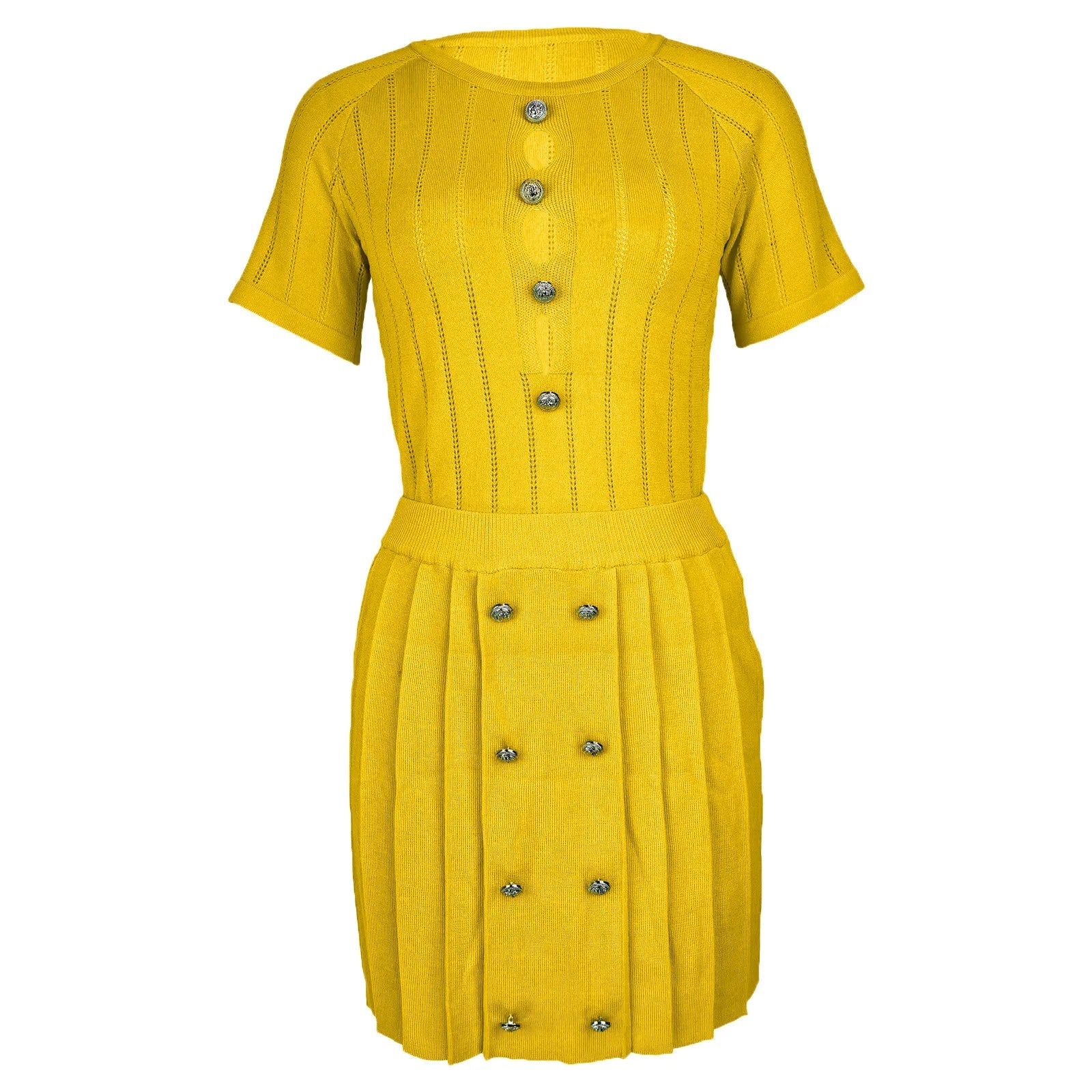 2 Pieces Set Sexy Summer Spring Fashion Knit Women Set 2024 Female Pullover Tops Yellow Short Sleeve Top And Mini Skirts SHOWLU FASHION STORE