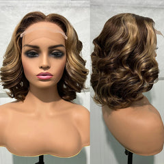 100% Malaysia Hair 250 Density Double Drawn P4 27 Ombre Highlight Bouncy Wave Wear and Go 5x5 Glueless Human Hair Bob Curly Wigs SHOWLU FASHION STORE