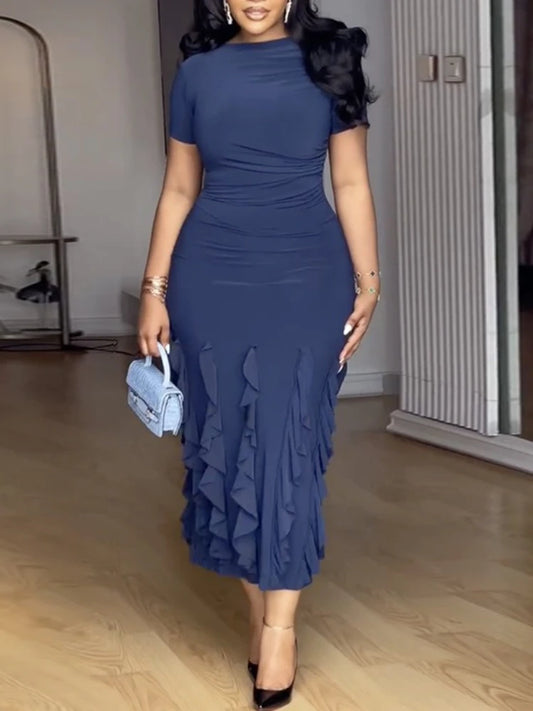 Short Sleeve Midi Dress for Women with Folds and Layered Ruffle Hem Perfect for Dinner Dates Evening Party or Semi Formal Events
