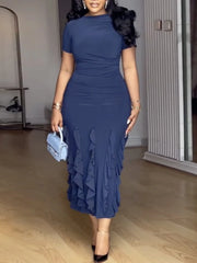 Short Sleeve Midi Dress for Women with Folds and Layered Ruffle Hem Perfect for Dinner Dates Evening Party or Semi Formal Events