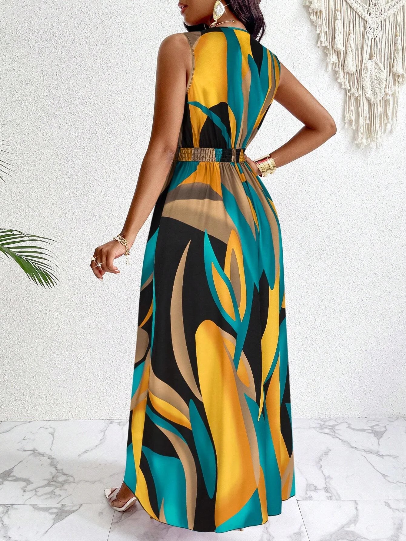 Tropical Print V-Neck Waist Section Cable Knit Fit And Flare Dress Maxi Women Outfit SHOWLU FASHION STORE