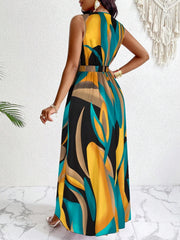 Tropical Print V-Neck Waist Section Cable Knit Fit And Flare Dress Maxi Women Outfit SHOWLU FASHION STORE
