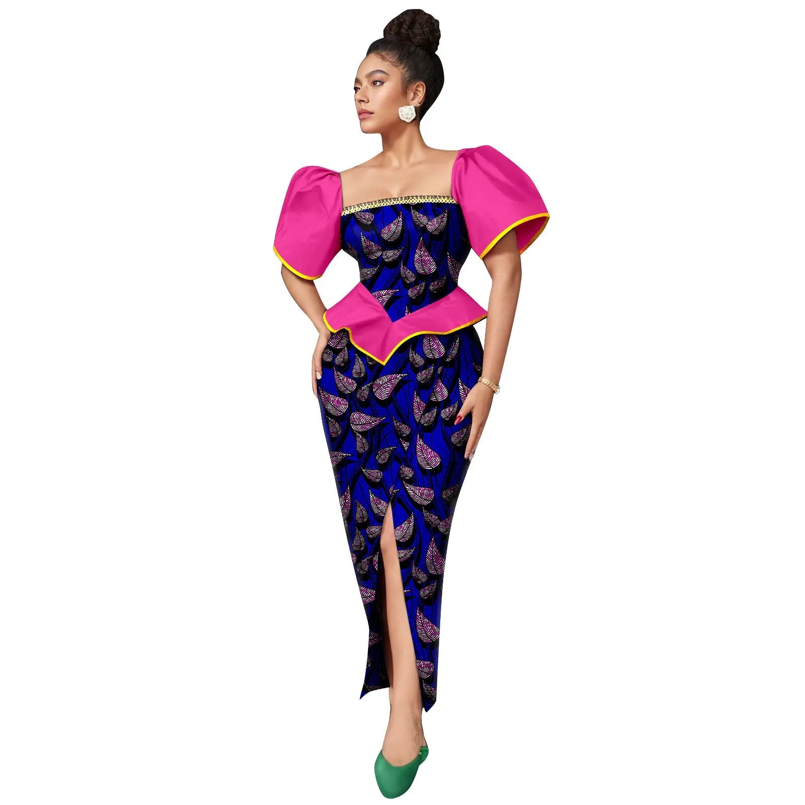 Africa Ankara Printed Women's Dress Short Sleeve Patchwork Square Neck Bubble Sleeve Split Dresses 2425186 SHOWLU FASHION STORE