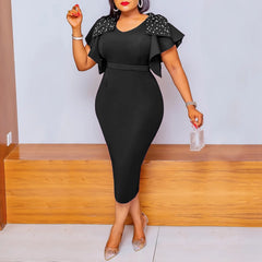 Elegant Bodycon Dresses for Women V Neck Ruffles Sleeve Beaded Sheath Package Hips Back Split Mid Calf Luxury Birthday Dress New