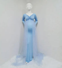 Maternity Tulle Long Dresses Baby Shower Cotton Dress Stretchy Pregnancy Photography Dress with Cape Long Train