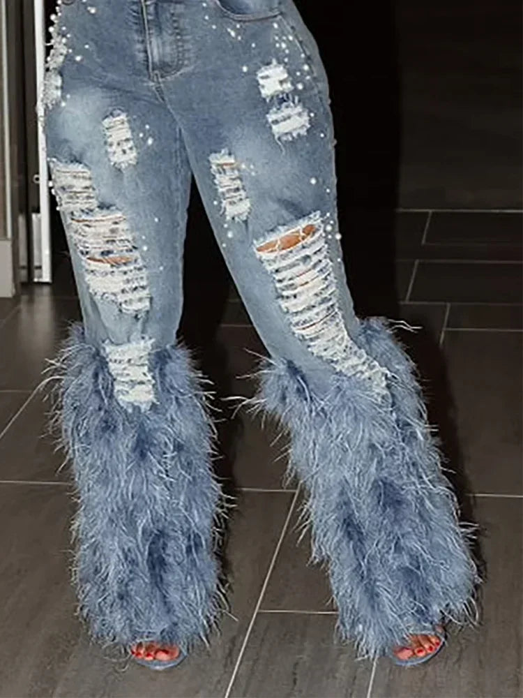 Fashion Women's Jeans Tassel Holes Vitnage Feather High Waist Y2K Streetwear Casual Denim Pant Spring Skinny Hollow Out Trousers SHOWLU FASHION STORE