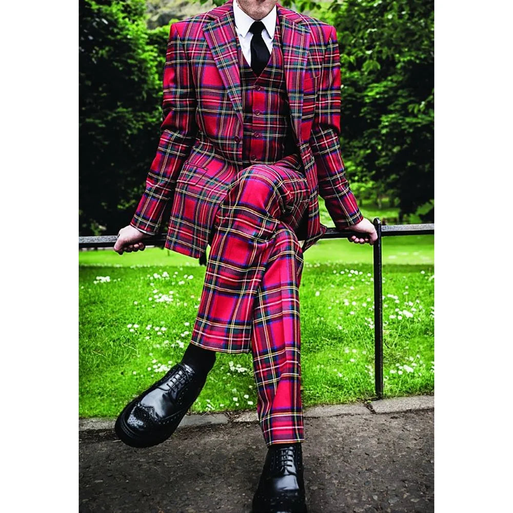 Chic Red Grid Men Suit Single-breasted Peak Lapel 3 Pieces(Jacket+Pants+Vest) Male Formal Wedding Party Set