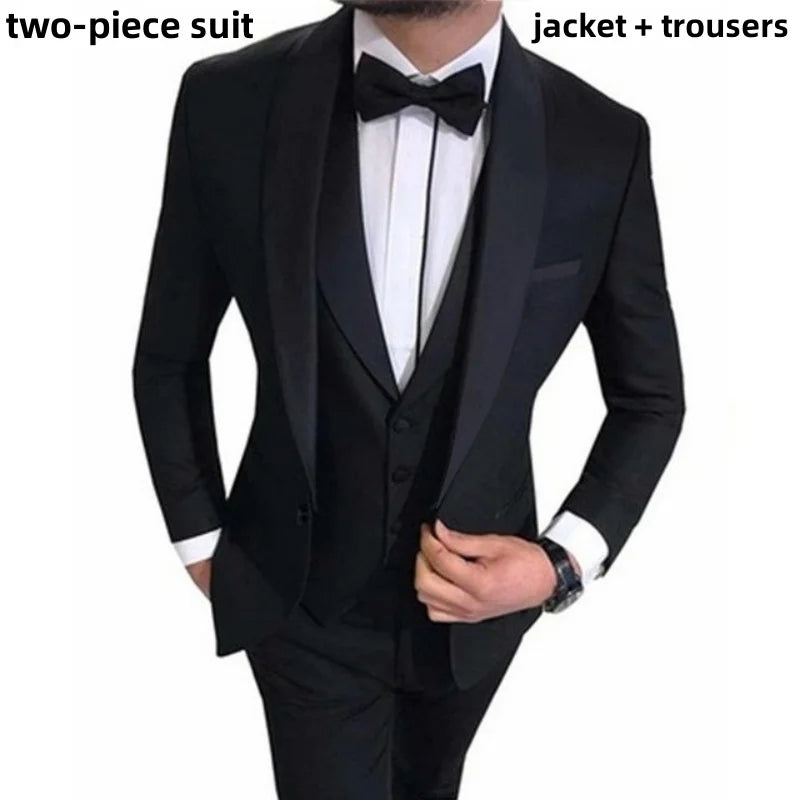 Mens Suits 3 Piece Black Shawl Lapel Casual Tuxedos for Wedding Groomsmen Suits Men 2023(Blazer+Vest+Pant) 2 Piece(Blazer+Pant) SHOWLU FASHION STORE