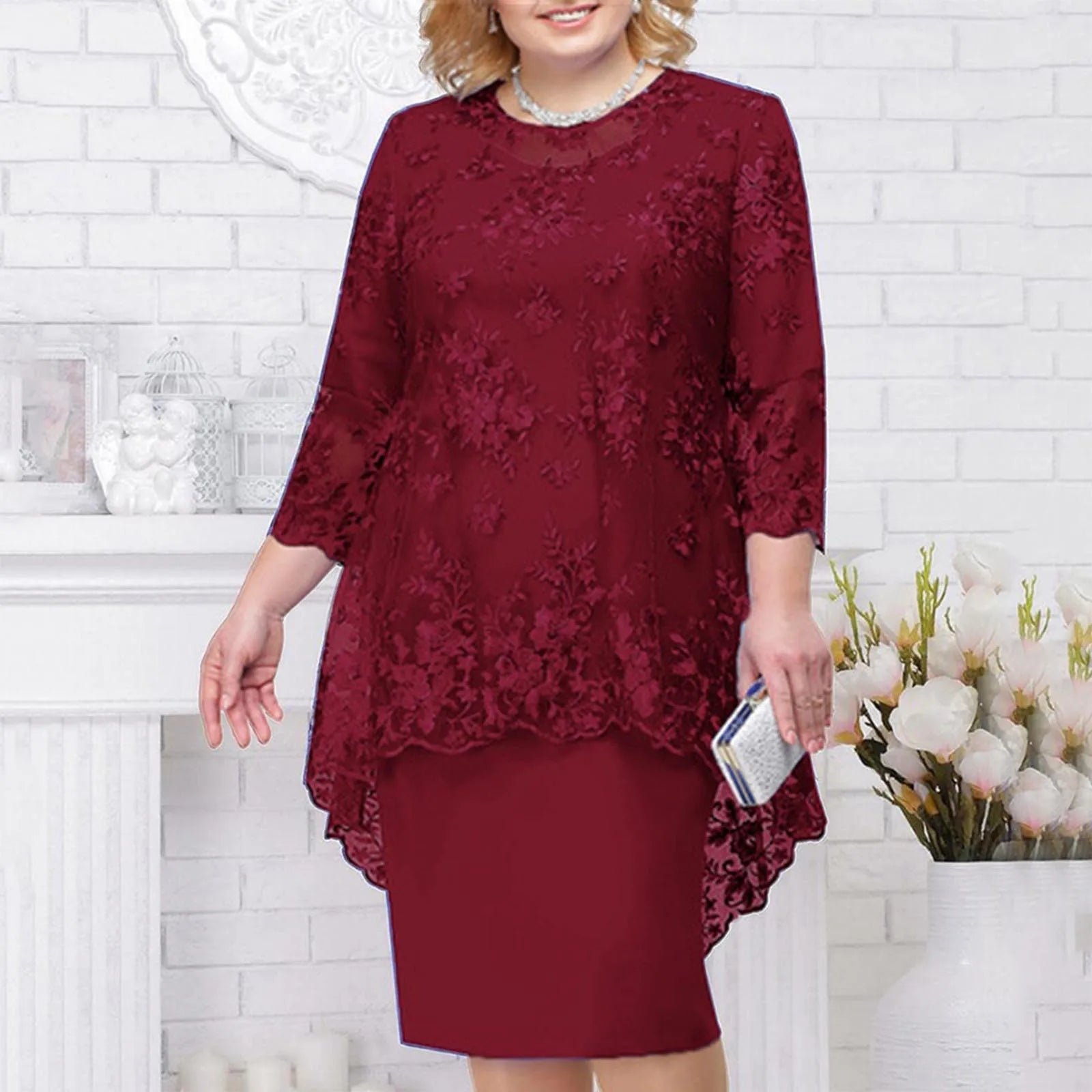 Women's Elegant Lace Embroidery Evening Dress Half Sleeve Knee-Length Round Neck Solid Temperment Dress For Middle-Age Women SHOWLU FASHION STORE