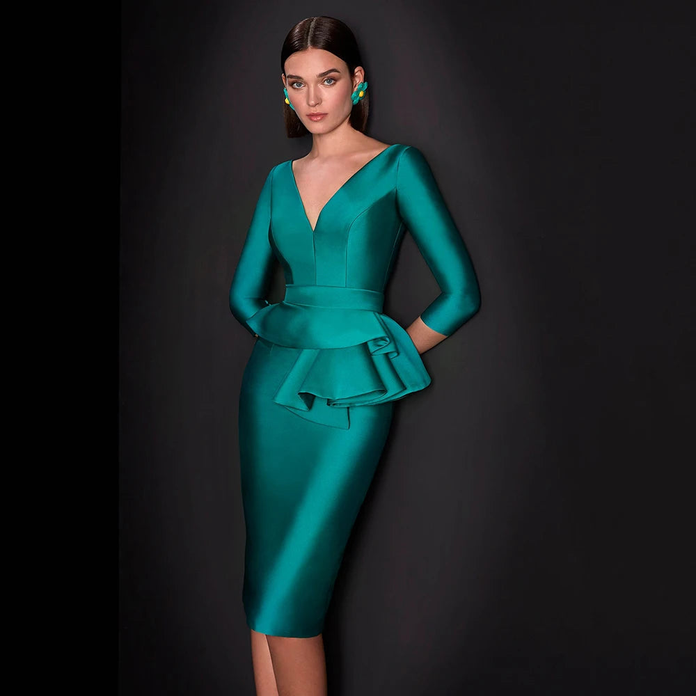 Column Cocktail Dress Turquoise Satin V Neck 3/4 Sleeves Knee Length Wedding Guest Gowns for Women Ruffle Sheath Cocktail Dress SHOWLU FASHION STORE