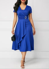 Summer Dresses Elegant Women Solid Color Short Sleeve V Neck Asymmetric Hem Waist Tight Midi Party Dress Ladies Evening Vestidos SHOWLU FASHION STORE