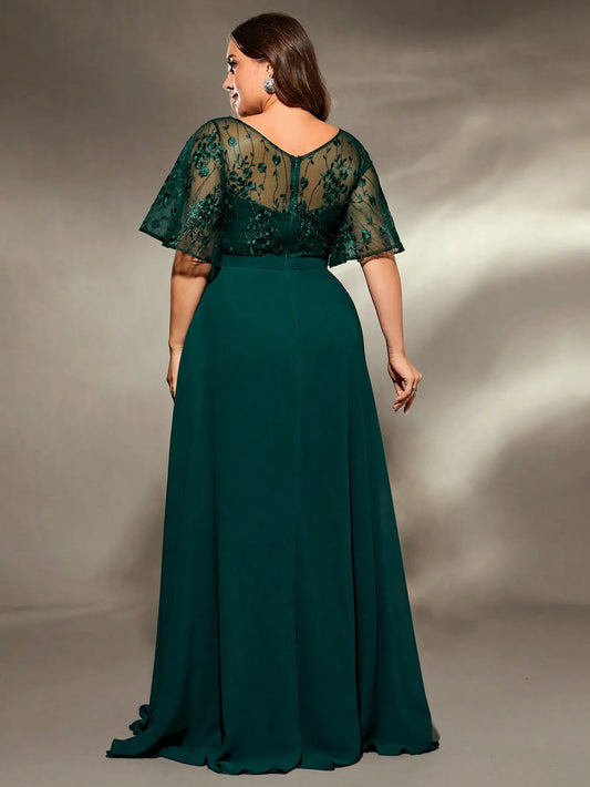 Mgiacy plus size V-neck See-through trumpet sleeve embroidered chiffon full skirt Evening gown Ball dress Party dress SHOWLU FASHION STORE