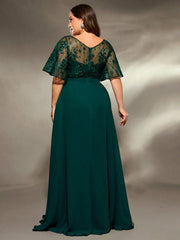 Mgiacy plus size V-neck See-through trumpet sleeve embroidered chiffon full skirt Evening gown Ball dress Party dress SHOWLU FASHION STORE