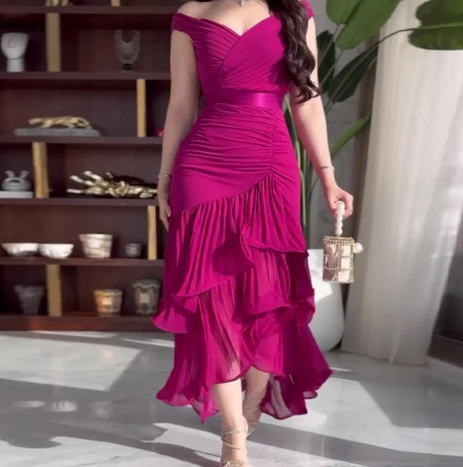 Temperament Evening Dresses for Women Off Shoulder Ruffles Tiered Ankle Length Sleeveless Ruffle Edge Solid Color Party Dress SHOWLU FASHION STORE