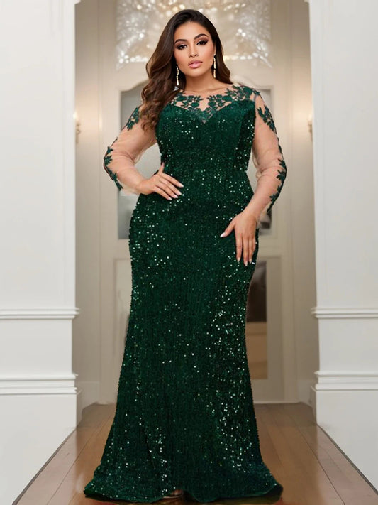 Curve Evening Party Long Dress Lace Patchwork Sequined Velvet Full Sleeved Hollow Out Maxi Prom Gown for Women SHOWLU FASHION STORE