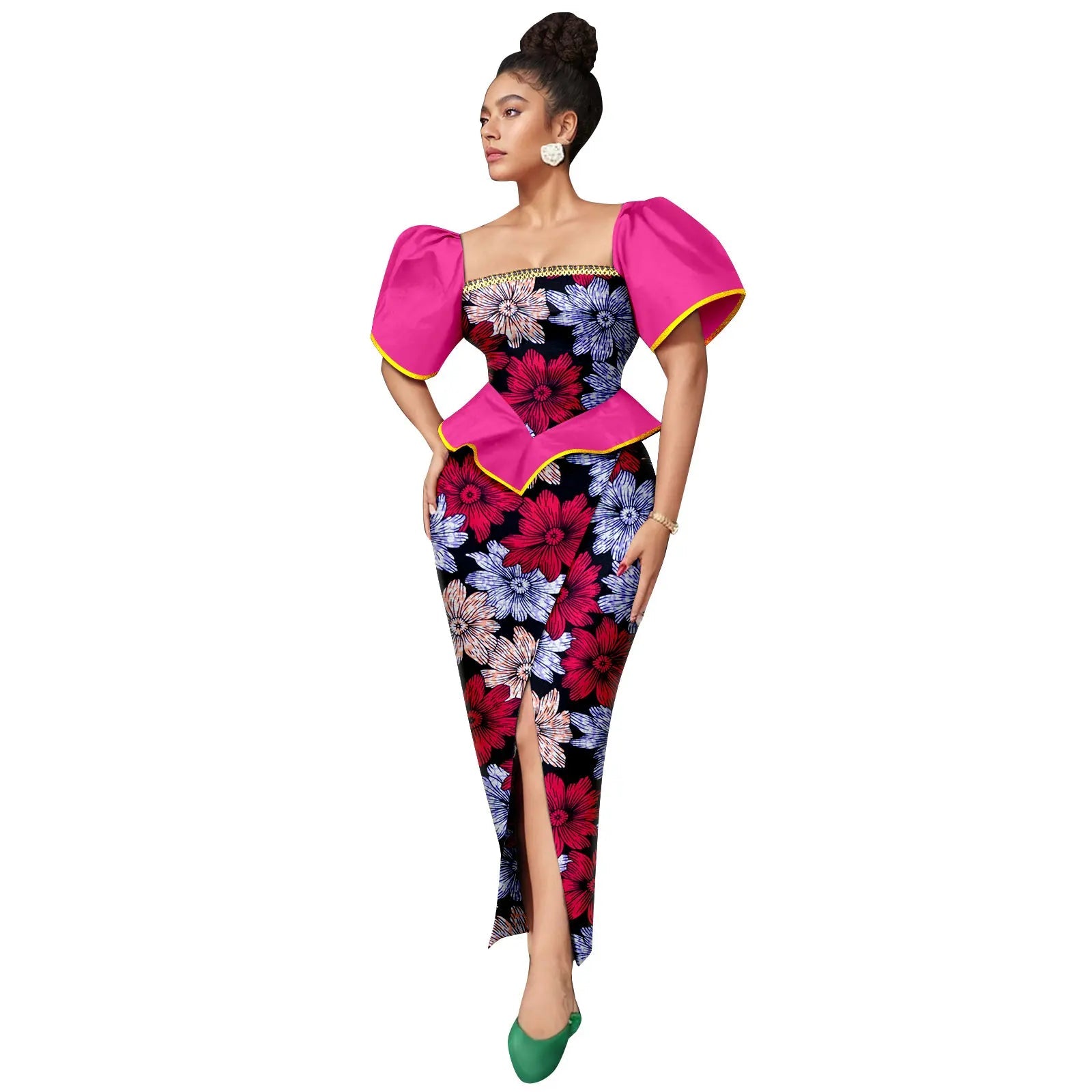 Africa Ankara Printed Women's Dress Short Sleeve Patchwork Square Neck Bubble Sleeve Split Dresses 2425186 SHOWLU FASHION STORE