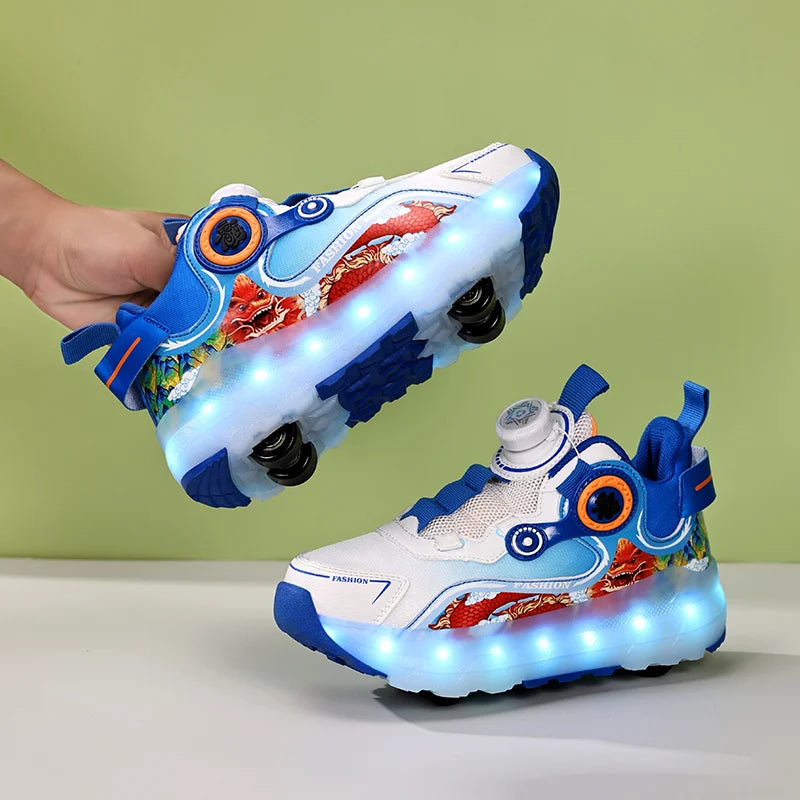 Children Four Wheels Luminous Glowing Sneakers Black Pink Led Light Roller Skate Shoes Kids Led Shoes Boys Girls USB Charging SHOWLU FASHION STORE
