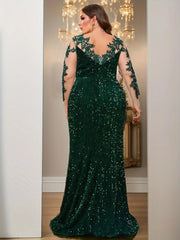 Curve Evening Party Long Dress Lace Patchwork Sequined Velvet Full Sleeved Hollow Out Maxi Prom Gown for Women SHOWLU FASHION STORE
