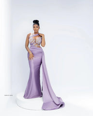 Lavender Evening Dresses Sheer Neck One Shoulder Illusion Mermaid Appliqued Beaded Lace Bridesmaid Dress Prom Gown Customized SHOWLU FASHION STORE