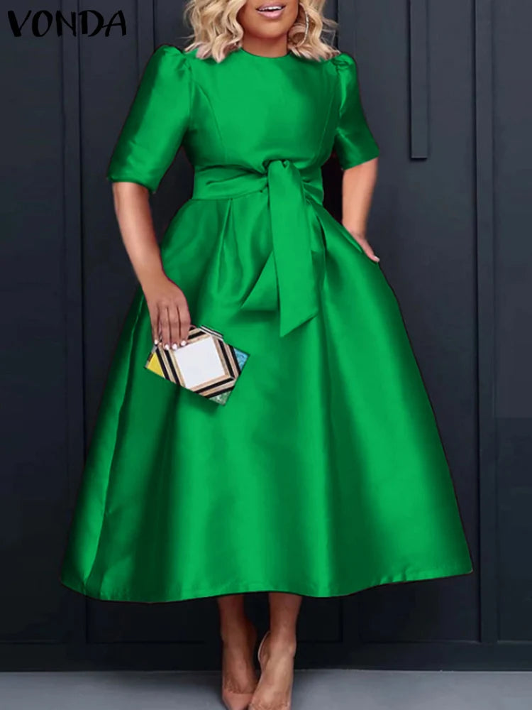 VONDA Plus Size 5XL Elegant Satin Summer Midi Dress 2024 Women Short Sleeve Vestidos Casual Belted Loose Solid Color Long Robe SHOWLU FASHION STORE