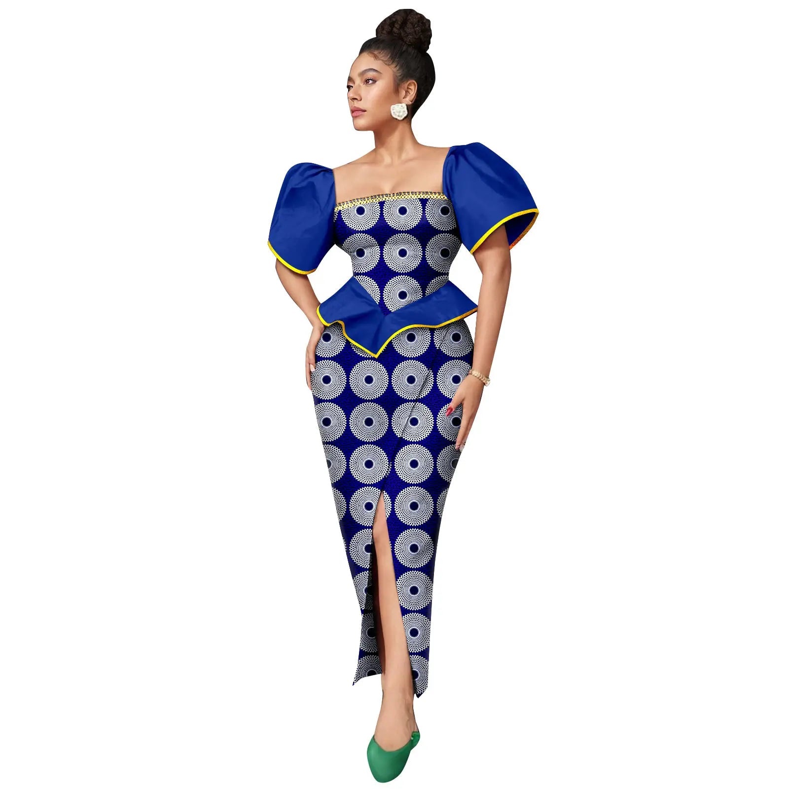 Africa Ankara Printed Women's Dress Short Sleeve Patchwork Square Neck Bubble Sleeve Split Dresses 2425186 SHOWLU FASHION STORE