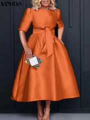 VONDA Plus Size 5XL Elegant Satin Summer Midi Dress 2024 Women Short Sleeve Vestidos Casual Belted Loose Solid Color Long Robe SHOWLU FASHION STORE