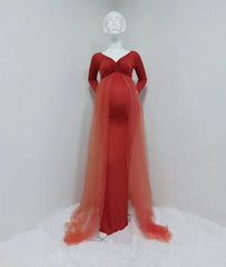 Maternity Tulle Long Dresses Baby Shower Cotton Dress Stretchy Pregnancy Photography Dress with Cape Long Train