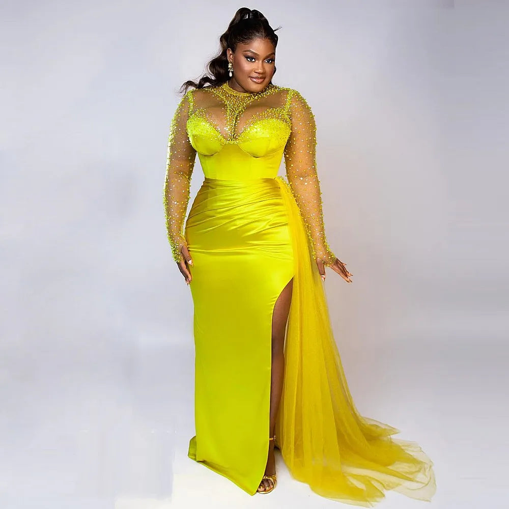 Aso Ebi Plus Size Evening Dresses High Neck Beads Sequin Illusion Long Sleeves  Slit Long Sleeves Party Gown Mermaid Prom Dress SHOWLU FASHION STORE