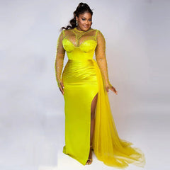 Aso Ebi Plus Size Evening Dresses High Neck Beads Sequin Illusion Long Sleeves  Slit Long Sleeves Party Gown Mermaid Prom Dress SHOWLU FASHION STORE
