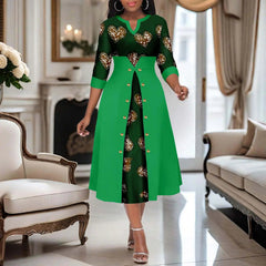 Africa Ankara Printed Fabric Women's Dress V Neck Sexy Double Hem Splicing Clash Color Model Skirt 2425190 SHOWLU FASHION STORE