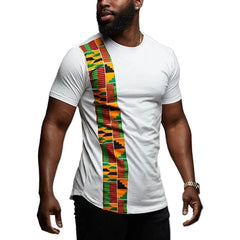 African Kente T Shirt Patchwork Color Print Top Wear Mens Ankara Style Panel Tees O Neck Kitenge For Men Short Sleeves Black