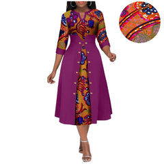 Africa Ankara Printed Fabric Women's Dress V Neck Sexy Double Hem Splicing Clash Color Model Skirt 2425190 SHOWLU FASHION STORE