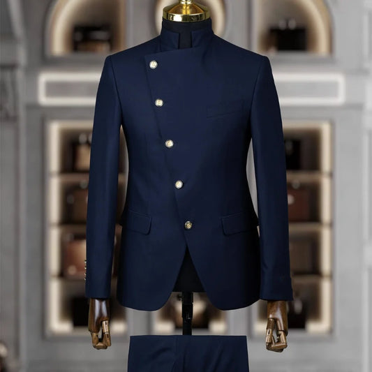 Fashion Stand Collar Men Suits 2 Piece Formal Single Breasted Smart Casual Outfits Solid Color Chic Wedding Party Slim Male Suit