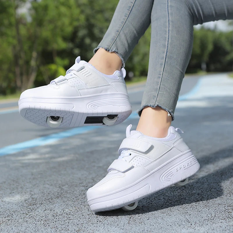 Fashion Girls Boys Roller Skates Children Sneakers With Two Wheels Thick-soled Skateboard Shoes Kids Non-slip Chunky Shoes White SHOWLU FASHION STORE