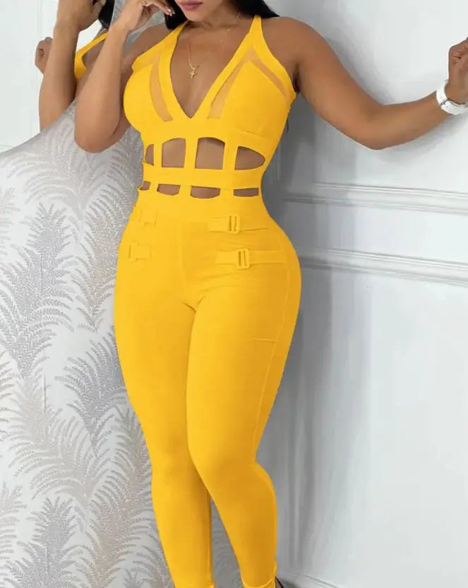 Women's jumpsuit 2025 summer new sleeveless new fashionable hollow camisole buckle comparison mesh tight jumpsuit SHOWLU FASHION STORE