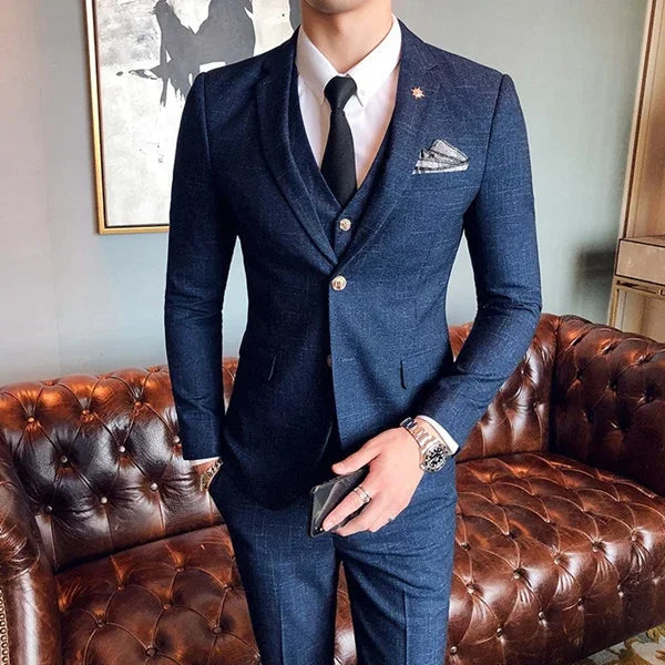 S-7XL (Jacket+Vest+Pants) Fashion Boutique Lattice Formal Business Mens Suit 3Pcs Set Groom Wedding Dress Plaid Suit Show Stage SHOWLU FASHION STORE