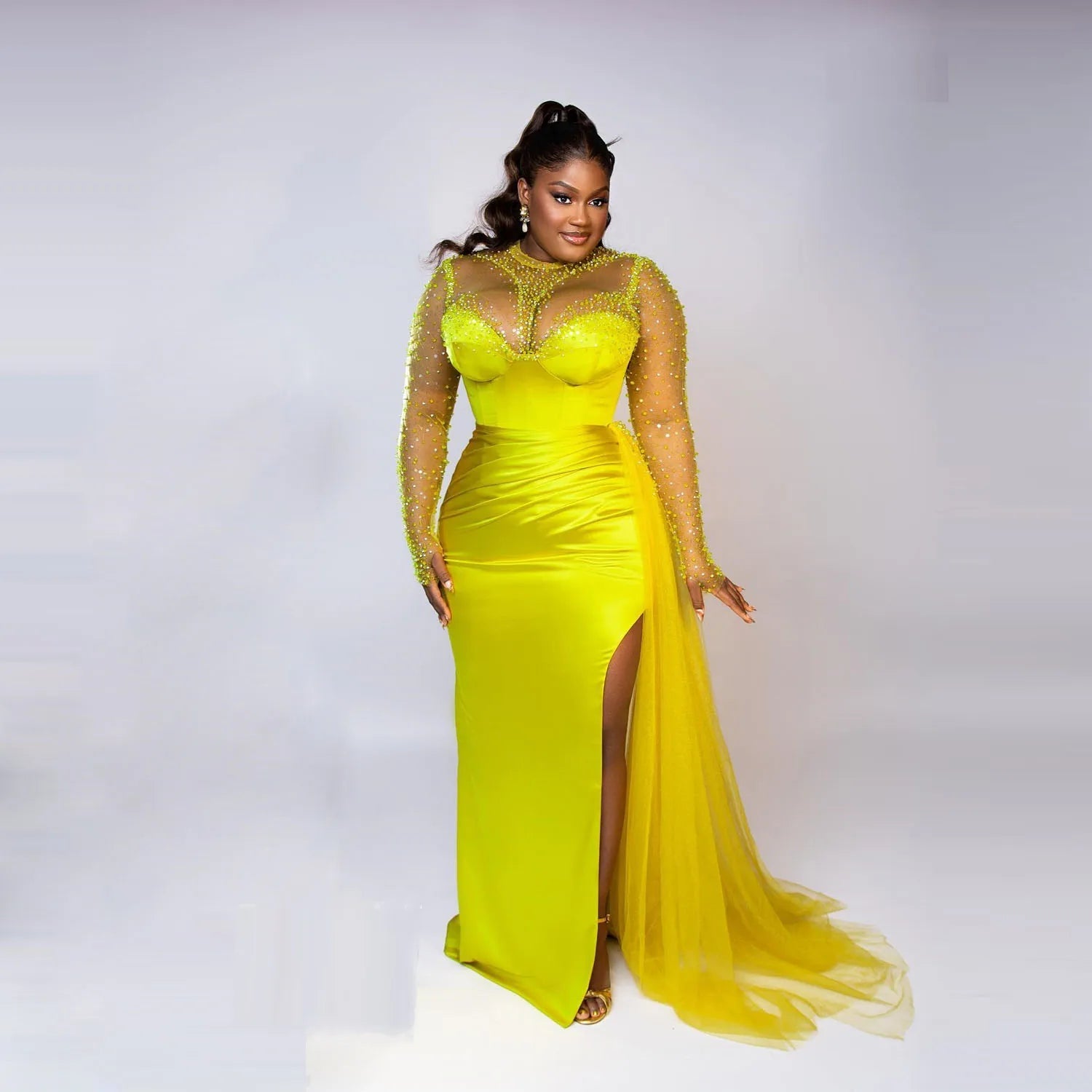 Aso Ebi Plus Size Evening Dresses High Neck Beads Sequin Illusion Long Sleeves  Slit Long Sleeves Party Gown Mermaid Prom Dress SHOWLU FASHION STORE