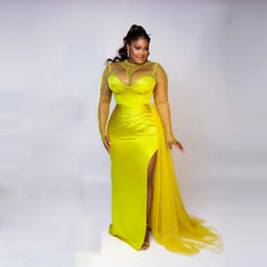 Aso Ebi Plus Size Evening Dresses High Neck Beads Sequin Illusion Long Sleeves  Slit Long Sleeves Party Gown Mermaid Prom Dress SHOWLU FASHION STORE