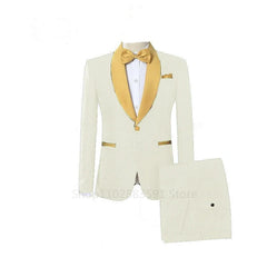 Custom Made Jacquard Groomsmen Red Groom Tuxedos White Shawl Lapel Men Wedding Suits Prom Party Best Man Blazer Pants Set