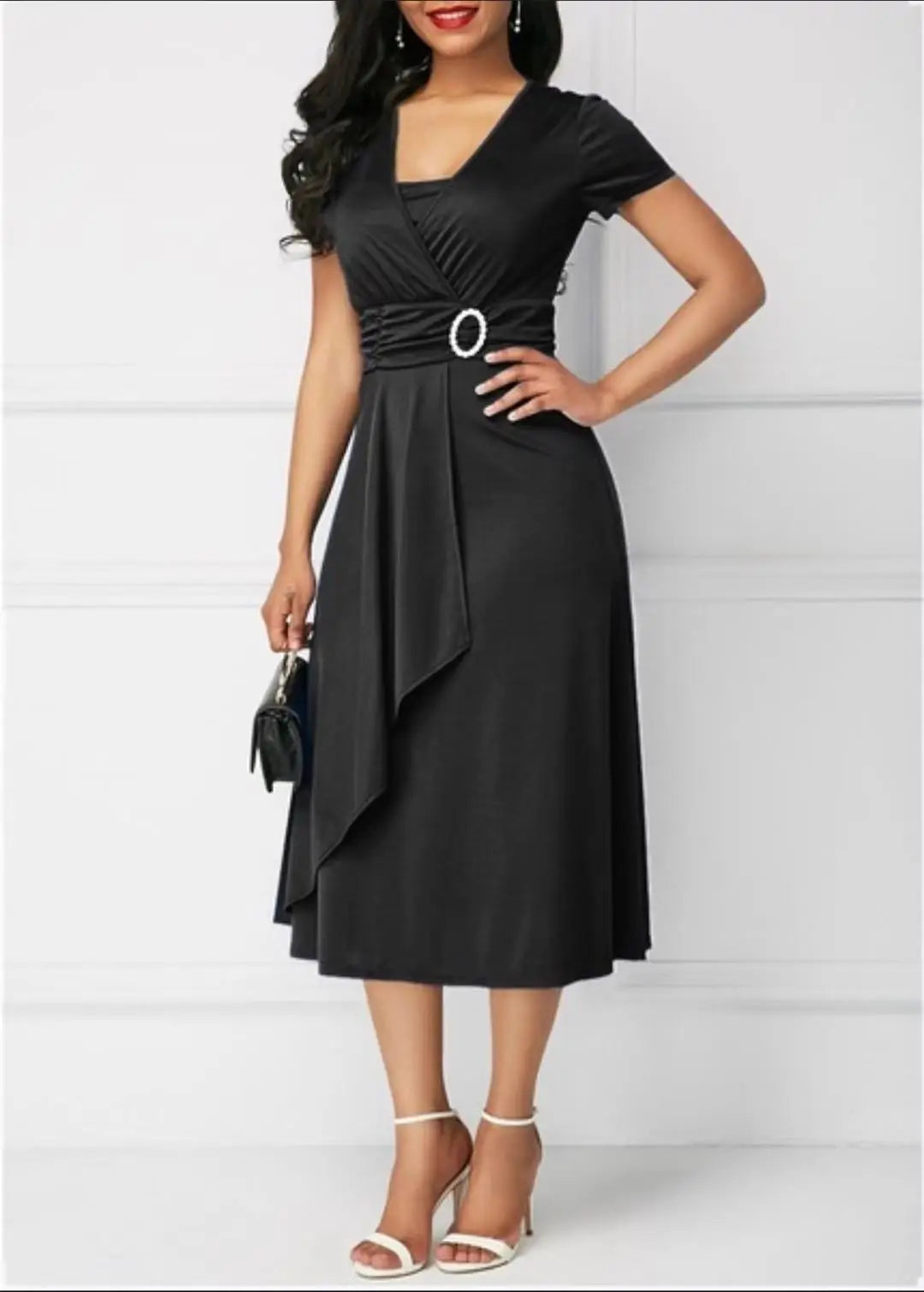 Summer Dresses Elegant Women Solid Color Short Sleeve V Neck Asymmetric Hem Waist Tight Midi Party Dress Ladies Evening Vestidos SHOWLU FASHION STORE