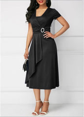 Summer Dresses Elegant Women Solid Color Short Sleeve V Neck Asymmetric Hem Waist Tight Midi Party Dress Ladies Evening Vestidos SHOWLU FASHION STORE