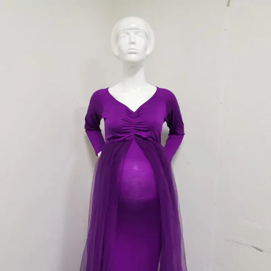 Maternity Tulle Long Dresses Baby Shower Cotton Dress Stretchy Pregnancy Photography Dress with Cape Long Train