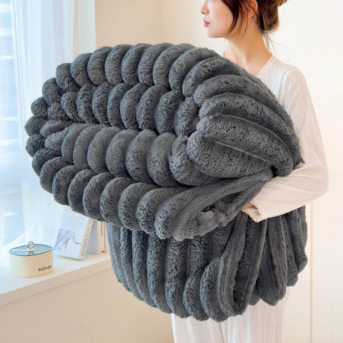 Solid color thickened wide striped multifunctional blanket, can be used as bed sheet cover blanket, nap blanket, pet blanket SHOWLU FASHION STORE