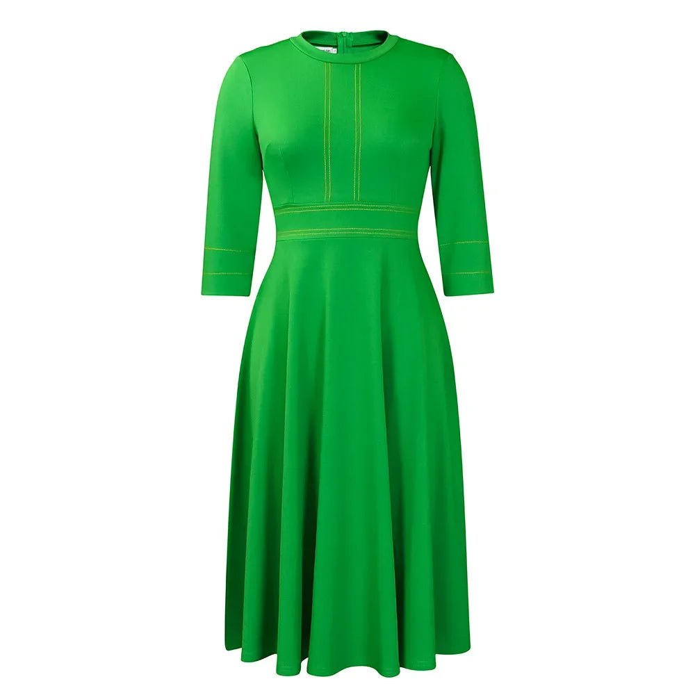 Ladies Spring New Temperament Slim-fit Dress, Solid Color Stand Collar Fashion Large Pendulum Seven Point Sleeve Dress Vestidos SHOWLU FASHION STORE