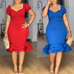 Elegant Ruffles Hem Classic Party Pencil Dress Women Night Club Square Neck Slim Fit Workwear Office Lady Bodycon Midi Dresses