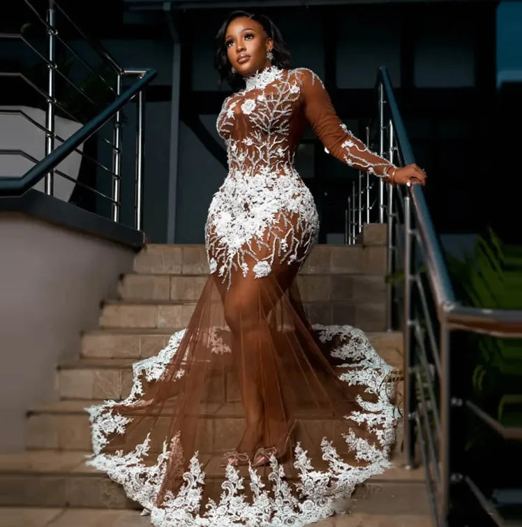 Aso Ebi Evening Dresses See Through Full Sleeves Transparent Mermaid Beading Prom Gowns Plus Size Prom Dress Long Tulle Applique SHOWLU FASHION STORE