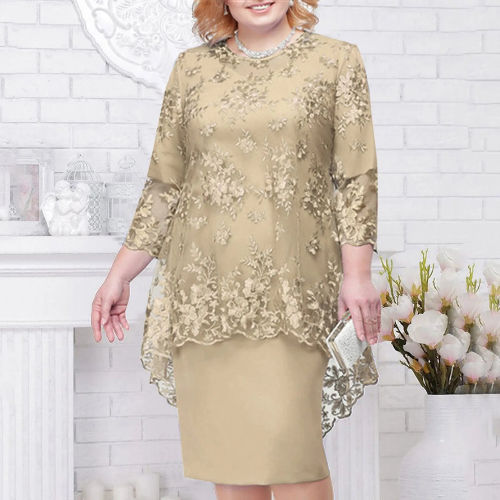 Women's Elegant Lace Embroidery Evening Dress Half Sleeve Knee-Length Round Neck Solid Temperment Dress For Middle-Age Women SHOWLU FASHION STORE